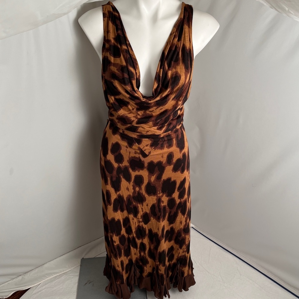 L.A.M.B. multicolor silk cowl neck dress with brown sash attached belt